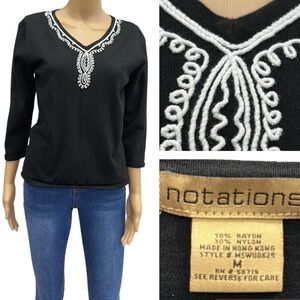 Notations Black White Embroidered V Neck 3 Quarter Sleeve Knit Top Womens Medium